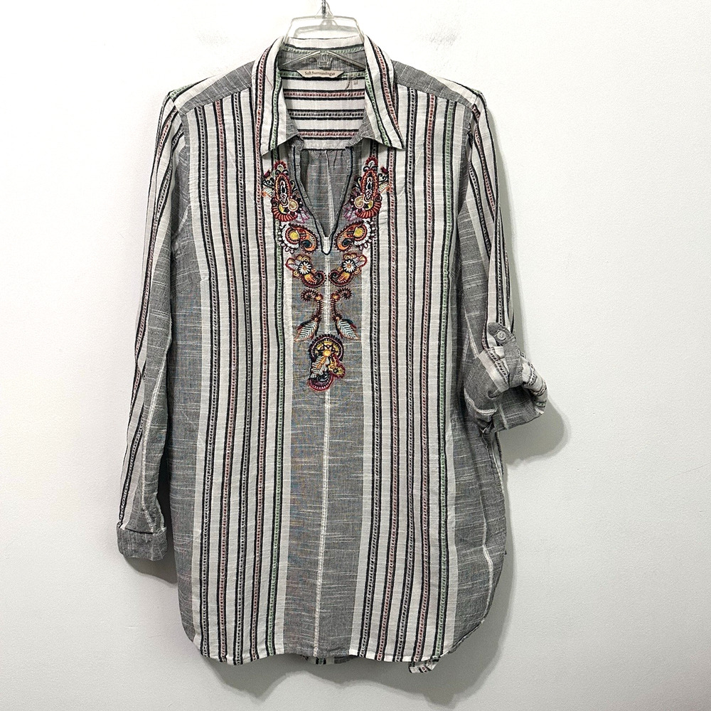 Soft Surroundings Aruba Pullover Tunic Top L‎ Striped Embroidered Boho Pockets